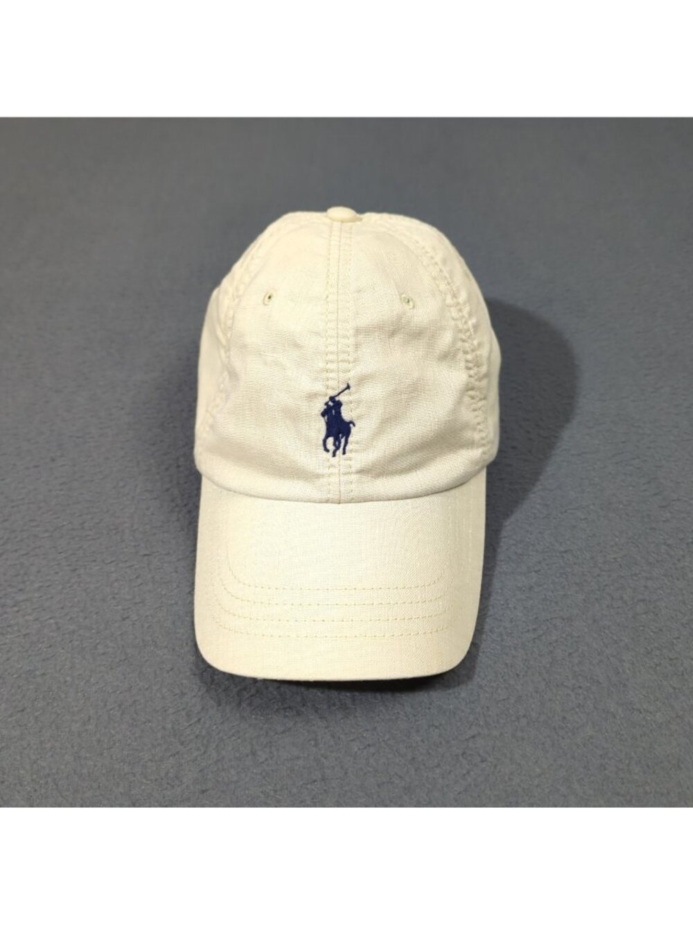 Polo Ralph Lauren 100% Linen Hat Adult OS Beige Leather Strap Blue Pony Preppy